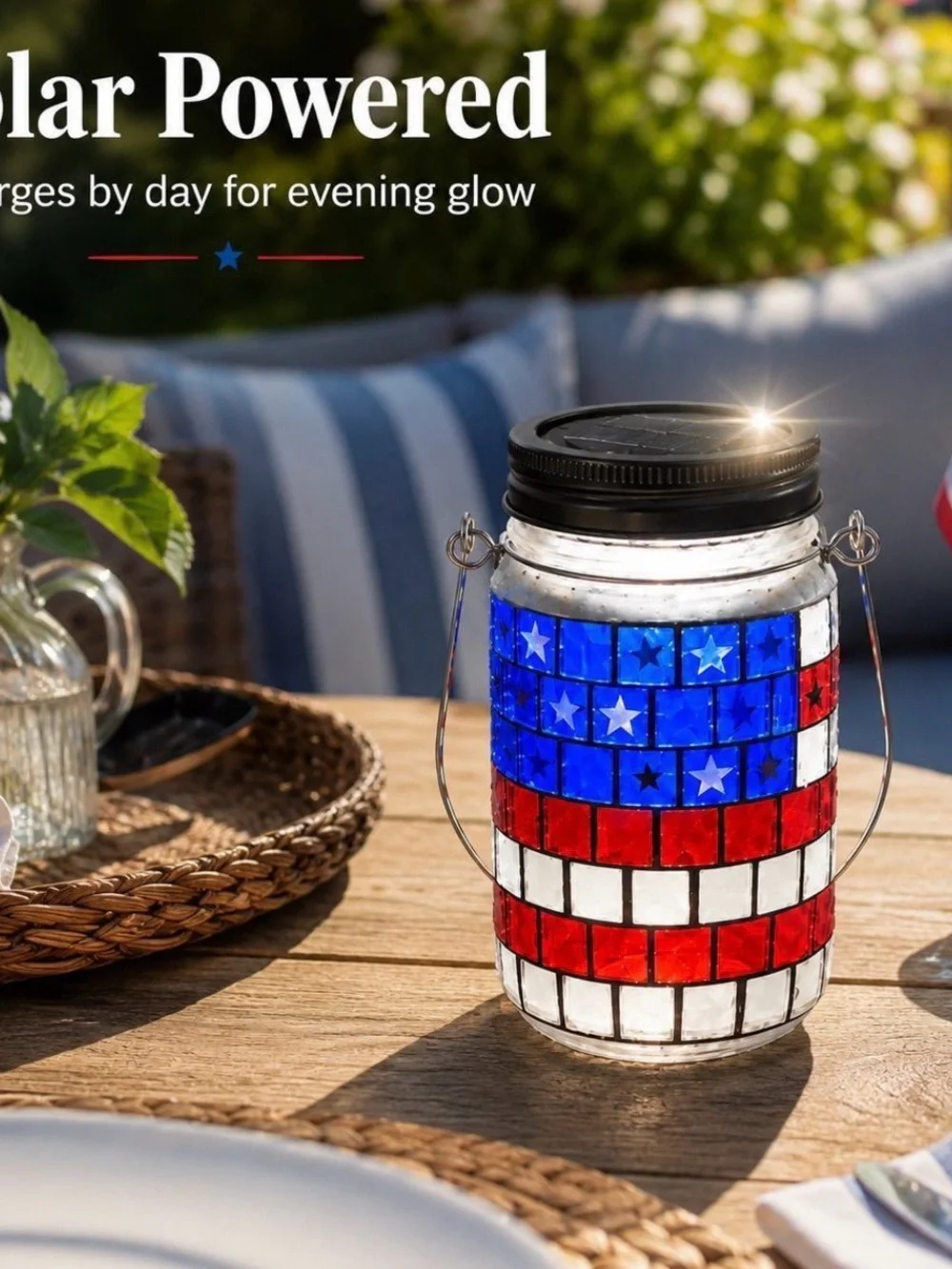 Solar Power Patriotic Mosaic Mason Jar Lantern